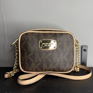 Michael Kors Brown and Tan Signature MK Crossbody with Gold Plate